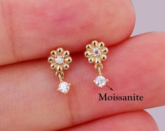 14k flor de oro sólido colgante Moissanite Stud Pendiente Cartílago Stud Tragus Pendiente Concha Gota Stud Pendiente Push Pin Labret 20g