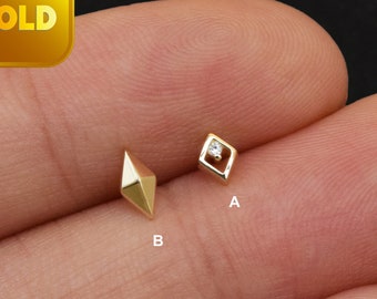 14k Solid Gold Tiny Rhombus Earrings Dainty Geometric Flat Back Earring Cartilage Conch Helix Earring Tragus Stud Threadless Labret 20g