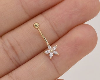 14k Solid Gold Flower Rook Earring Five Petals Earring Piercing Gold Navel Piercing CZ Belly Button Ring Navel Ring Gift For Her 16g