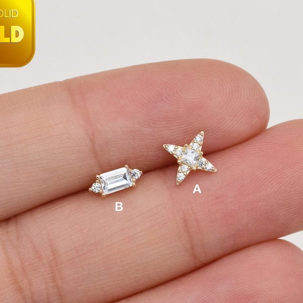 14k Solid Gold Sparkle Star Stud Earring Baguette Round CZ Stud Earring Star Helix Stud Conch Tragus Earring Flat Back Earring Gift For Her