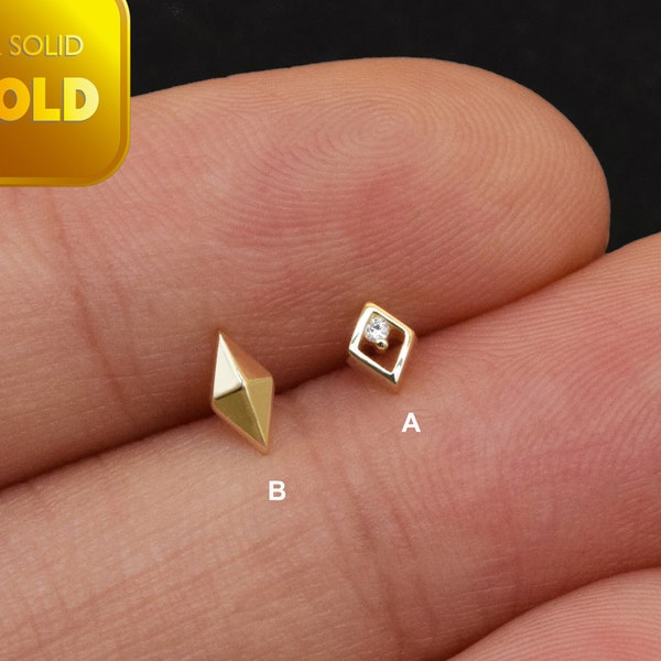 14k Solid Gold Tiny Rhombus Earrings Dainty Geometric Flat Back Earring Cartilage Conch Helix Earring Tragus Stud Threadless Labret 20g