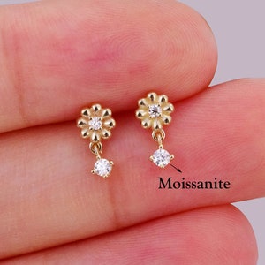 14k Solid Gold Blume baumeln Moissanit Ohrstecker Knorpel Bolzen Tragus Ohrring Conch Drop Bolzen Ohrring fadenlos Push-Pin Labret 20g