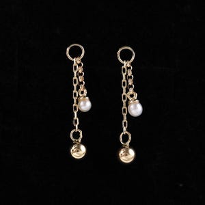 14K Solid Gold Pearl & Ball Dangle Charm Minimalist Chain Drop Pendant for Helix Cartilage Hoop Earring Threadless Piercing Accessory Charm