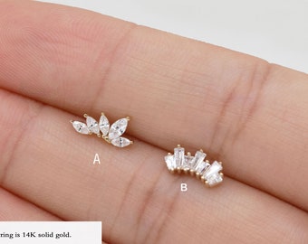 14k Solid Gold Marquise Cartilage Stud Earrings Lotus Helix Conch Piercing Crown Cartilage Stud Earrings Push Back Earring Gift For Her