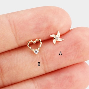 Orecchino a perno con mulino a vento in oro massiccio 14k, orecchino a forma di cuore con perline, orecchino a forma di cartilagine, orecchino a perno con conchiglia, orecchino a forma di elica, orecchino piatto senza fili con chiusura a pressione