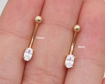 14K Solid Gold Oval Diamond Rook Earring Gold Curved Barbell Ring Gold Navel Piercing Daith Piercing Dainty Eyebrow Ring Gift For Her 16g