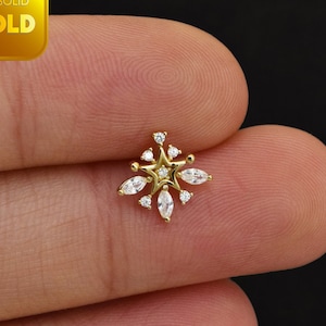 14k Solid Gold Feuerwerk Elsa Schneeflocke Knorpel-Bolzen Ohrring Marquise Stud Zierliche Conch Ohrring Helix Piercing Flat Push Back Ohrring 20g