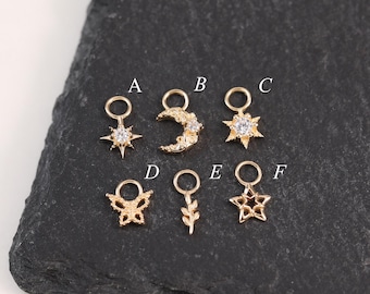 14K Solid Gold Starburst Moon Helix Hoop Charm Dainty Celestial Star Cartilage Rook Clicker Charm Minimalist Leaf Butterfly Earlobe Piercing