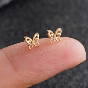 14k Solid Gold Butterfly Cartilage Earring Butterfly Helix Stud Conch Earring Labret Stud Tragus Piercing Flat Back Earring Gift For Her