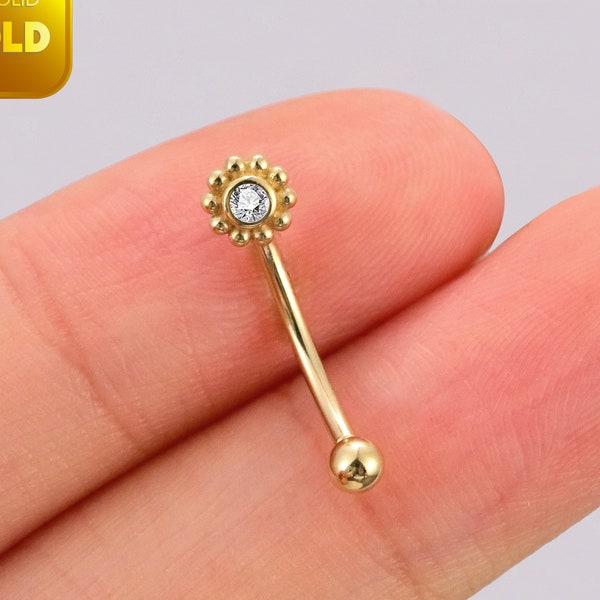 14k Solid Gold Sunflower Rook Piercing Gold Curved Barbell Sun Eyebrow Piercing CZ Belly Button Ring Dainty Rook Earring Gift For Her 16g