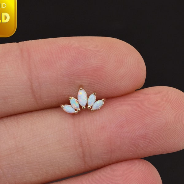 14k Solid Gold Opal Crown Stud Earring Marquise Fan Cluster Earring Helix Cartilage Daith Conch Earring Screw Back Earring 18g