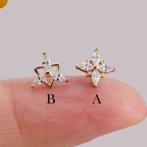 14K Solid Gold Flower Marquise Earring Cartilage Piercing Gold Helix Conch Stud Tiny Tragus Nose Piercing Threadless Flat Back Earring