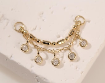 14K Solid Gold Double Chain Attachment Dangle Hoop Charm Chain Cartilage Helix Conch Chain Accessory Dainty Nose Hoop Clicker Chain