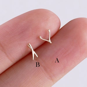 14k Solid Gold X Post Stud Earring,Wishbone Cartilage Piercing, Helix Stud, Gold Conch Earring,  Labret Threadless Flat Push Back Earring
