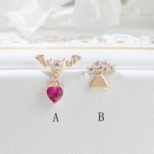 14k Solid Gold Bat Wing Heart Cartilage Earring Dangle Tragus Stud Helix Conch Piercing Threadless Flat Back Earring Unique Gift For Her