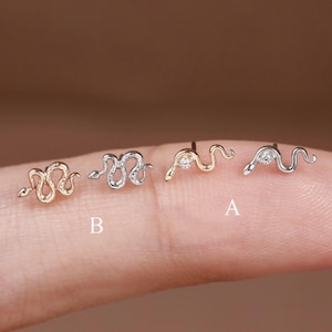 Tiny Creatures: 14K Solid Gold Snake Stud Earring Cute Helix Conch Piercing Jewelry Tiny Flat Back Stud Earring Handmade Jewerly For Her
