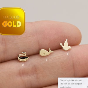 14k Solid Gold Whale Cartilage Stud Earring Pigeon Flat Back Earring Swan Conch Earring Tiny Stud Earring Helix Stud Gold Tragus Piercing