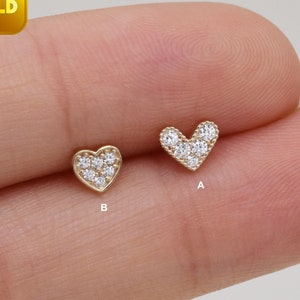 14k Solid Gold Tiny Beaded Heart Stud Mini Heart Cartilage Earring Tragus Helix Conch Earring Heart Labret Stud Flat Push Back Earring 20g