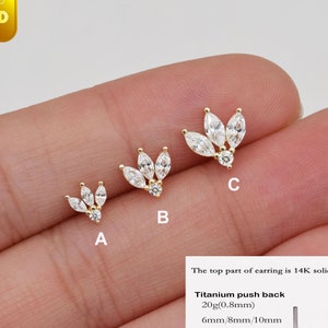 14K Solid Gold Lotus Flower Marquise Stud Earring Cartilag Earring Helix Stud Conch Tragus Earring Flat Back Earring Gift For Her 20g