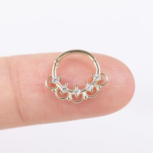 14K Solid Gold Clicker Hoop with CZ Scalloped Crown Design Septum Ring, Daith Hoop, Helix Clicker, Rook Piercing Jewelry Nose Clicker 16g