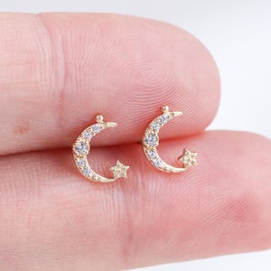 14k Solid Gold Moon Stud Earring Star Stud Cartilage Piercing Helix Tragus Conch Earring Flat Back Earring Treadless End Gift For Her