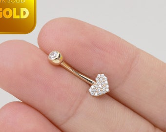 14k Solid Gold Heart Shape Belly Button Ring Heart Navel Piercing Cz Stone Threaded Navel Gold Belly Ring Barbell Piercing Jewelry 14g