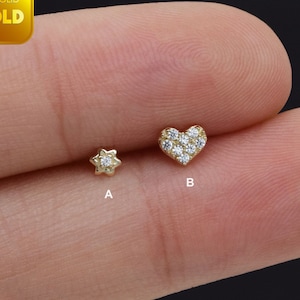 14k Solid Gold winziges Herz Ohrstecker Zierliche Blume Ohrstecker Herz Knorpel Conch Helix Blume Tragus Bolzen flache Rückseite Ohrringe Geschenk für sie 20g