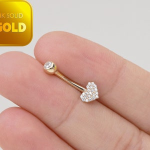 14k Solid Gold Heart Shape Belly Button Ring Heart Navel Piercing Cz Stone Threaded Navel Gold Belly Ring Barbell Piercing Jewelry 14g image 1