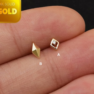 Orecchini a rombo minuscoli in oro massiccio 14k, orecchini geometrici delicati con parte posteriore piatta, orecchini a perno per cartilagine, conch, elica, trago, labret senza filettatura