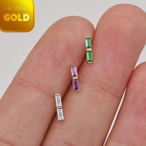 14K ソリッド ゴールド エメラルド バゲット スタッド イヤリング ヘリックス スタッド コンク トラガス イヤリング 上品なパープル バゲット スタッド フラット バック イヤリング 20g
