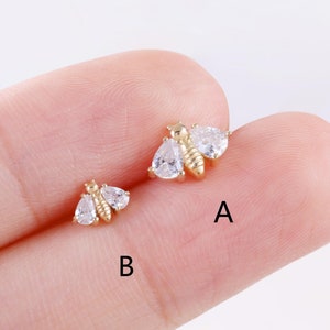 14k Solid Gold Honey Bee Stud Earring Cute Animal Cartilage Earring Helix Stud Conch Tragus Earring Flat Back Earring Threadless Push Pin