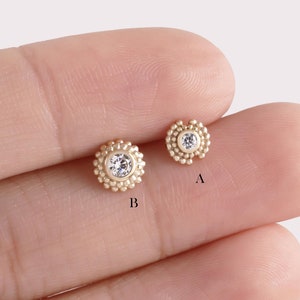 14k Solid Gold Beaded Stud Earring, Sun Helix Stud, Conch Earring, Threadless Push In Labret Stud, Minimalist Earring, Flat Back Earring