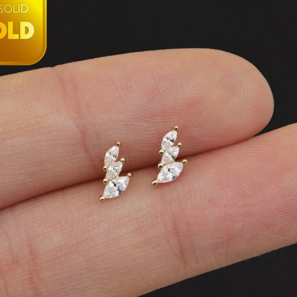 14k Solid Gold Marquise Climber Stud Earrings Marquise Cartilage Conch Helix Tragus Threadless Earring Flat Back Earring 20g