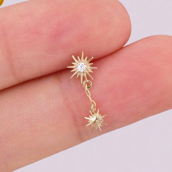 14k Solid Gold Tiny Starburst Dangle CZ Cartilage Earring Helix Star Stud Tragus Earring Conch Drop Stud Earring Flat Back Earring 20g