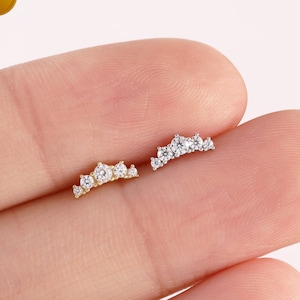 14K Solid Gold Ear Climbers, White Gold Crown Stud Earring, Gold Helix Stud, Conch Earring, Tragus Piercing, Threadless Flat Back Earring