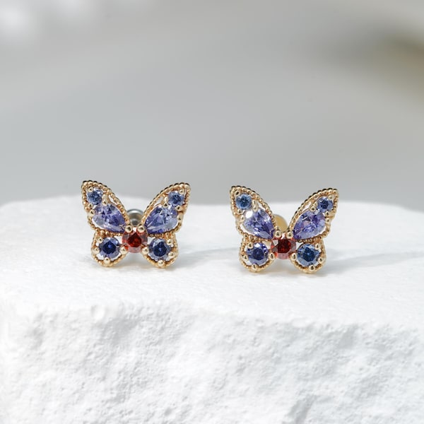 14k Solid Gold Butterfly Tanzanite Earring Dainty Red Garnet Cartilage Stud Helix Tragus Conch Piercing Spring Inspired Flat Back Stud