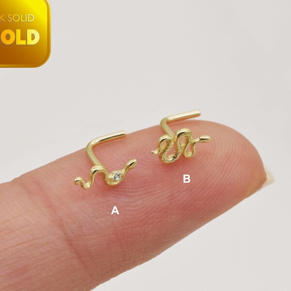 14k Solid Gold Snake Nose Ring Danity Snake Nose Stud L Shape Back Nose Stud Dainty Nostril Piercing Nose Piercing Jewelry Gift For Her 20g