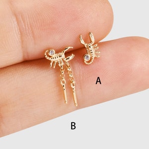 Pendiente de oro macizo de 14 k con símbolo de escorpión para trago, pendiente de oro con forma de caracol y hélice de escorpión, pendiente pequeño con forma de escorpión, pendiente plano con presión hacia atrás