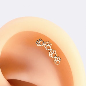 14k massief gouden schattige puppy poten print oorbel sierlijke gouden helix stud conch stud tragus oorbel hond poten kraakbeen oorbel dierlijke stud
