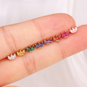 14K Solid Gold Lotus Cartilage Earring – Colorful Marquise Crown Stud for Helix, Conch, Tragus, Flat Back Piercing