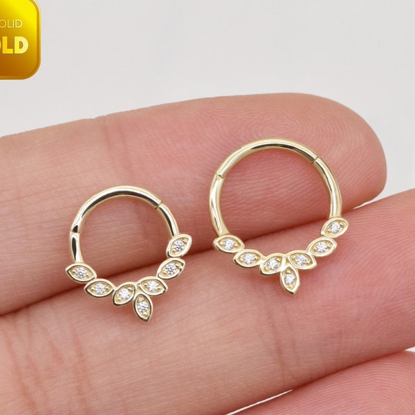 14k Solid Gold Marquise Diamond Daith Piercing Leaf CZ Septum Clicker Gold Nose Ring Cartilage Hoop Clicker Ear Piercing Septum Piercing 16G