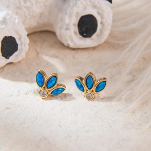 14k Solid Gold Blue Opal Lotus Stud Earring Flower Petal Cartilage Stud Tragus Conch Stud Helix Piercing Labert Stud Flat Back Earring