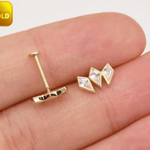 14k Solid Gold drei Raute Ohrstecker Knorpel Stud Conch Stud Helix Bolzen Tragus Ohrring intern Gewinde Ohrring flache Rückseite Ohrring