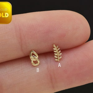 14K Solid Gold Leaf Studs Cartilage Tragus Earring Helix Chain Stud Minimalist leaf stud Earrings Gold Knot Stud Flat Back Earrings 20g