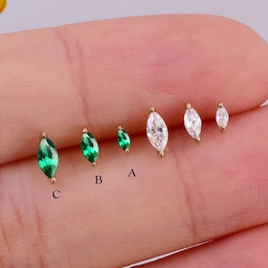 14K Solid Gold Tiny Marquise Cartilage Earring Push In Labret Stud Emerald Conch Earring Helix Stud Tragus Earring Flat Back Earring 20g