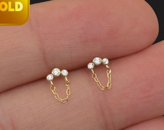 14k Solid Gold Chain Stud Earrings Helix Chain Stud Diamond Cartilage Earrings Conch Tragus Stud Three Stone Flat Back Earrings 20g