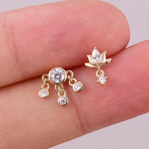 14k Solid Gold Threadless Triple Dangle Bezel Set Round CZ Cartilage Earring Lotus Flower Helix Stud Tragus Piercing Flat Back Earring 20g