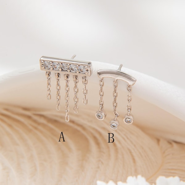 14k Solid White Gold Bar Drapieren Kette Ohrring Knorpel Kette Piercing Helix Kette Bolzen Minimalist Conch baumeln Kette Ohrring Flach zurück Bolzen