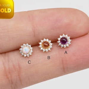 14k Solid Gold Sunflower Opal Stud Earring Citrine Cartilage Stud Amethyst Conch Tragus Earring Dainty Helix Stud Flat Push Back Earring 20g