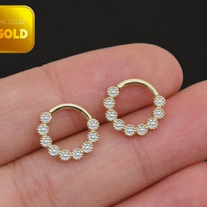 Boucle d'oreille en or massif 14 carats CZ Daith Anneau de cartilage blanc CZ de septum Anneau de septum pour nez délicat Clicker Conque Tragus Helix Daith Piercing 16 g